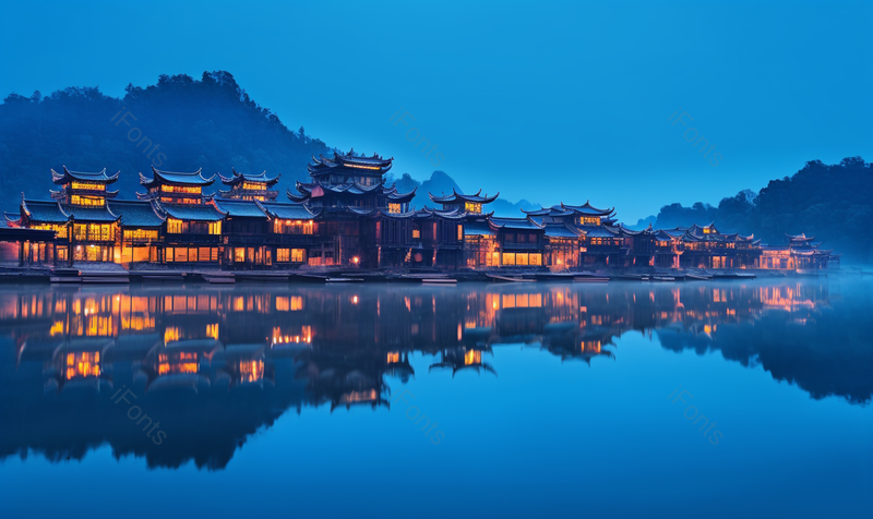 夜景灯光凤凰古城水天一色,高清,摄影图,摄影图片,图片大全,摄影图免费下载
